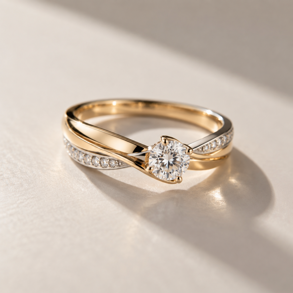 A minimalist women's ring made of mixed metal with diamond stones suitable for engagement. 高贵结婚好看不复古
photorealistic jewelry design, A minimalist women's ring made of mixed metal with diamond stones suitable for engagement. 高贵结婚好看不复古, minimalist style, just the design no text