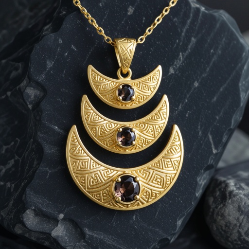 Подвеска из трех полумесяцев с узорами и камнями раухтопаза из матового неровного светлого золота с узорами соединенных цепочкой сверху самый широкий полукруг дальше средний и снизу самый маленький