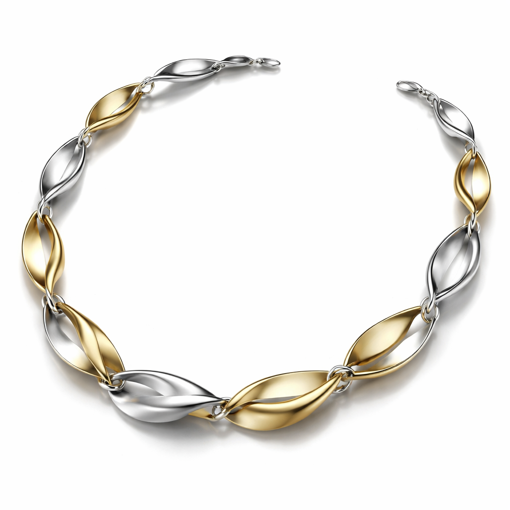 A flexible necklace which is not rigid and inspired of twisted flat wire and it has links that connected the small pieces with eachother