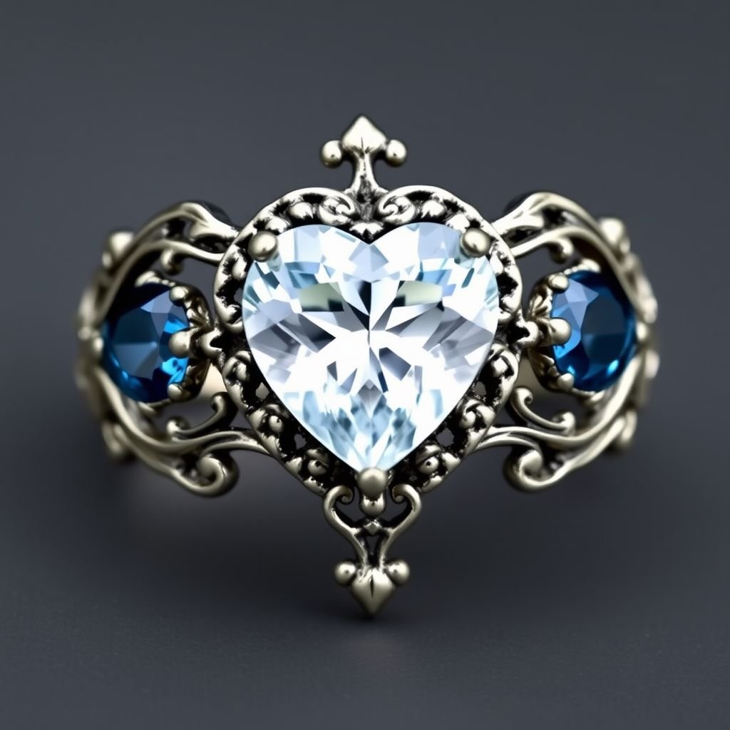 Filigree ring with white and blue topaz symbolizing true love