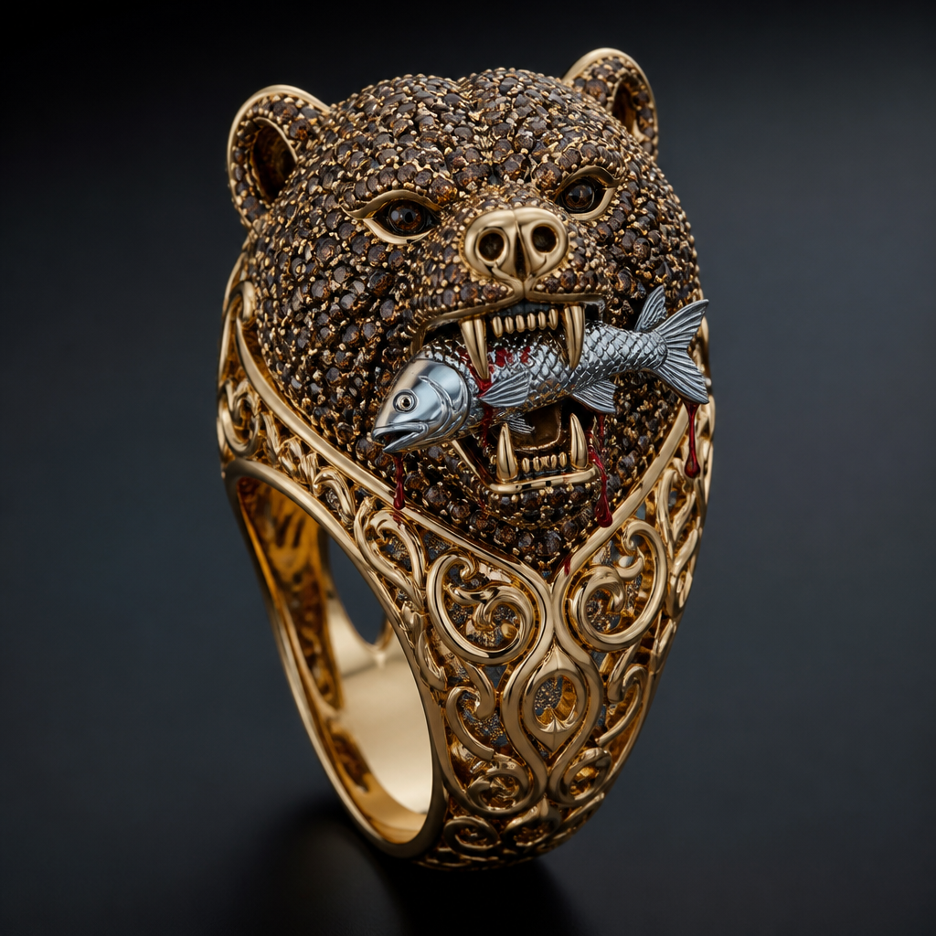A women's ring made of gold suitable for daily wear, highly ornate, intricate and elaborate, richly detailed. uma dedeira com um formato diferenciado e único
em cima da dedeira uma cabeça de urso com a cabeça pra cima com expressão brava cravejado com pedras marrom, e na dele boca um peixe de prata com algumas gotinhas vermelhas
photorealistic jewelry design, A women's ring made of gold suitable for daily wear, highly ornate, intricate and elaborate, richly detailed. uma dedeira com um formato diferenciado e único
em cima da dedeira uma cabeça de urso com a cabeça pra cima com expressão brava cravejado com pedras marrom, e na dele boca um peixe de prata com algumas gotinhas vermelhas, modern style, just the design no text