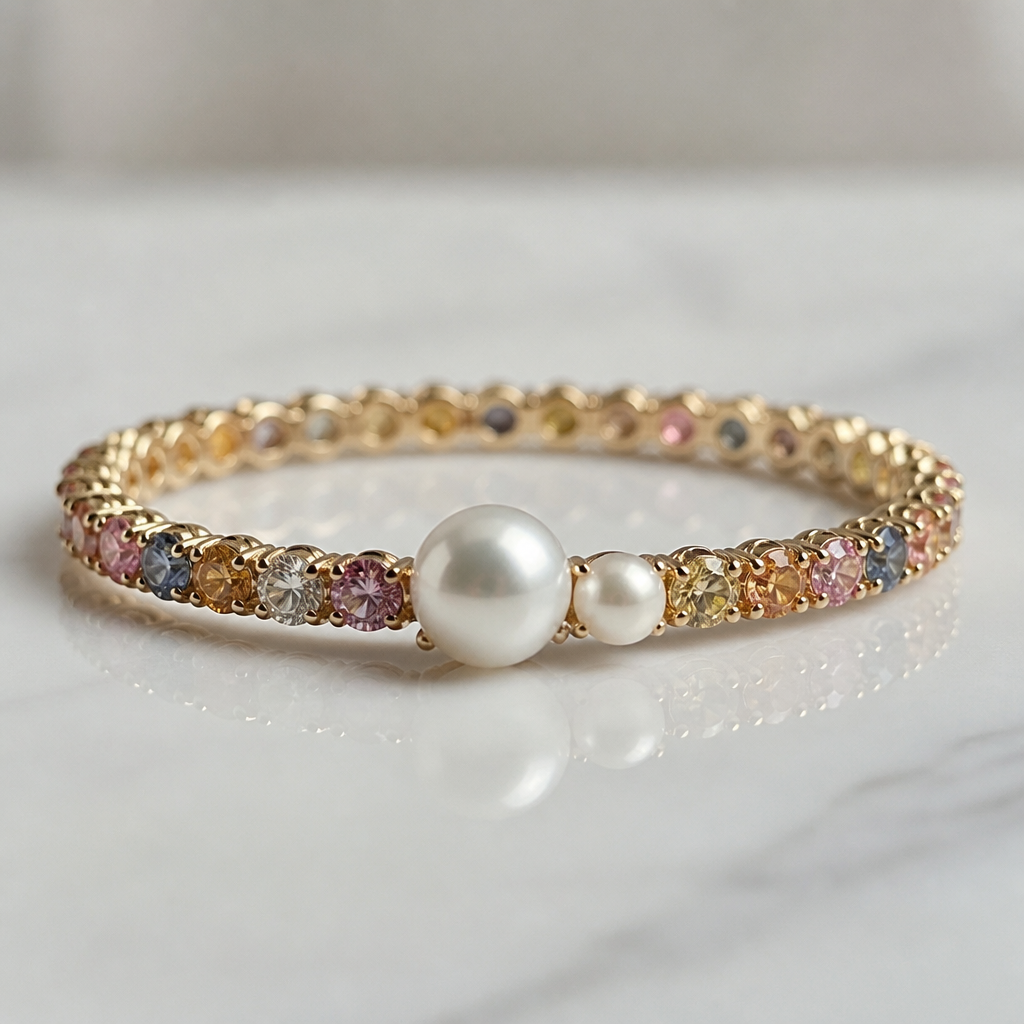 Color diamond band with just two pearls in the middle of big one small
photorealistic jewelry design, Color diamond band with just two pearls in the middle of big one small , eternity style, just the design no text