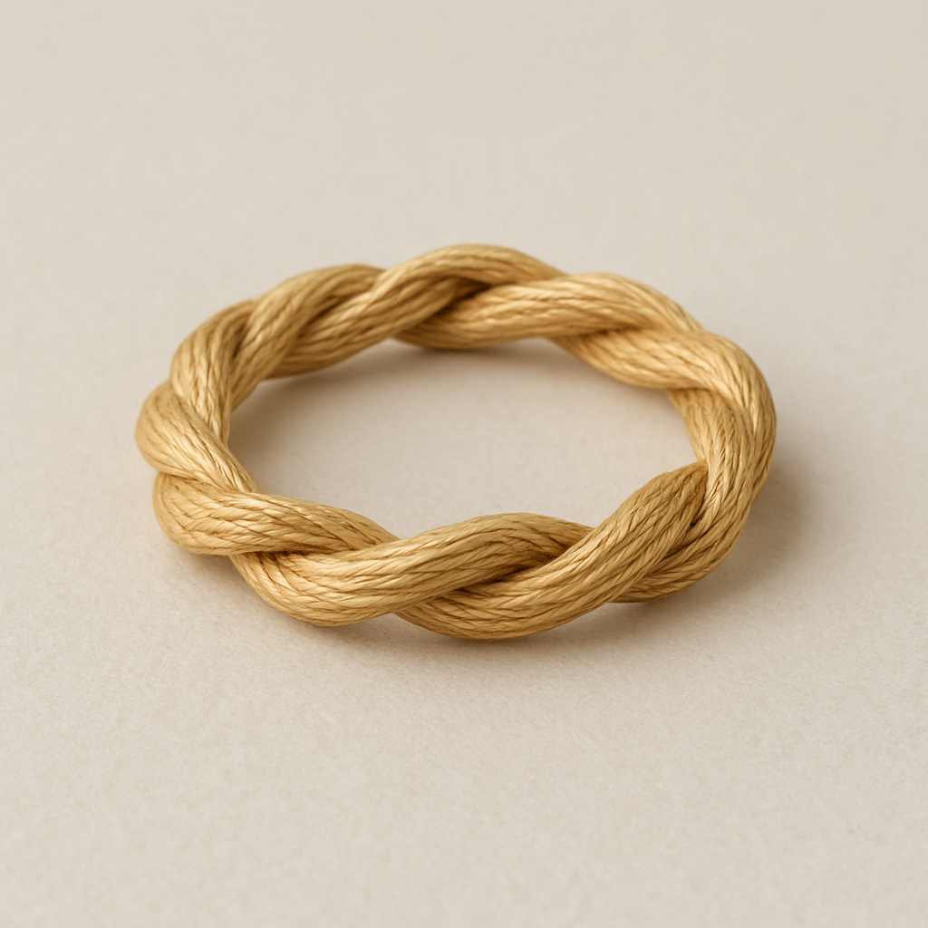Yellow gold ring made to look like a piece of twine from a loaf of bread wrapped like a ring 