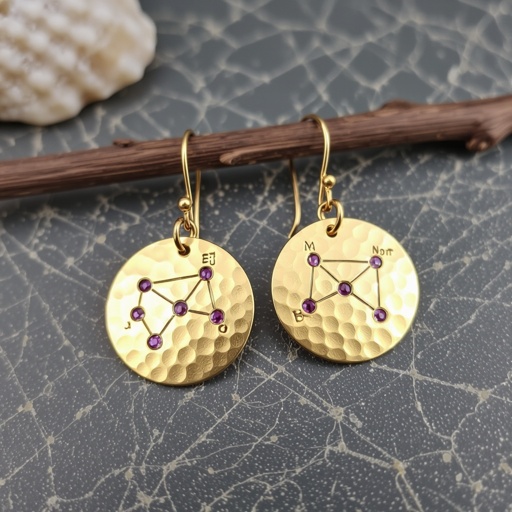 Серьги длинные на цепочках матовое золото мятое. Символ схематично созвездие. Маленькие фиолетовые камушки