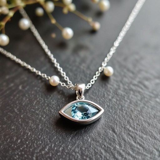 Тонкая цепочка с серебряными шариками и мелкими жемчужными камушками на цепочке есть кулон в форме глаза, зрачок глаза из аквамарина от глаза идет маленькая подвеска с серебряными цепочками разной длины