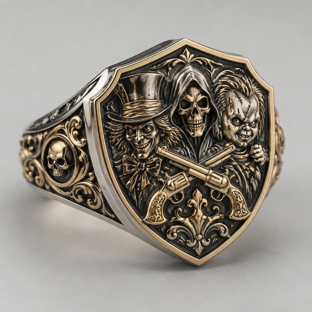 A signet women's ring made of mixed metal suitable for daily wear, detailed and decorative, moderately ornate. madhatter a reaper and Chucky and 2 pistols crossing in a shield
photorealistic jewelry design, A signet women's ring made of mixed metal suitable for daily wear, detailed and decorative, moderately ornate. madhatter a reaper and Chucky and 2 pistols crossing in a shield, signet style, just the design no text