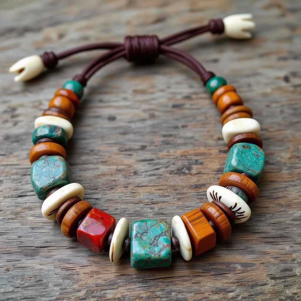 Necklace with wooden pearls and precious gems with lace