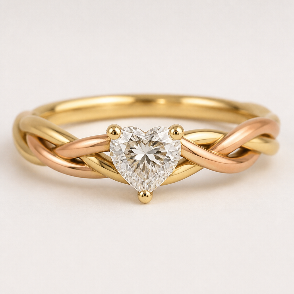 Progetta un anello con un gambo intrecciato, utilizzando un filo d’oro giallo e un filo di argento rosa. Il diamante incastonato al centro deve avere una forma a cuore, fissato da un castone a quattro punte. Il diamante deve pesare 0,25 carati, e il design complessivo deve essere elegante e proporzionato.
photorealistic jewelry design, Progetta un anello con un gambo intrecciato, utilizzando un filo d’oro giallo e un filo di argento rosa. Il diamante incastonato al centro deve avere una forma a cuore, fissato da un castone a quattro punte. Il diamante deve pesare 0,25 carati, e il design complessivo deve essere elegante e proporzionato., just the design no text