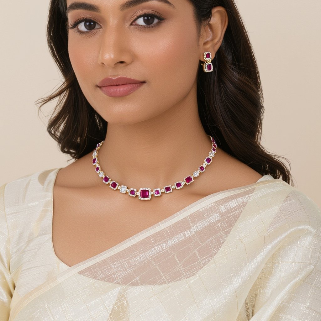 American diamond ruby heavy necklace for Indian girl 