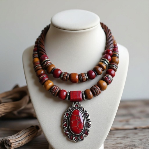 Necklace with wooden pearls and precious gems with lace