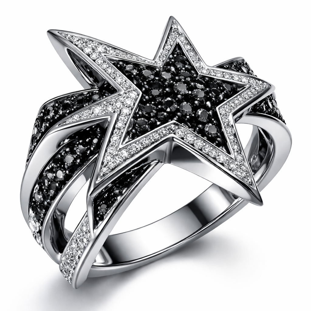 Unique modern edgy ring of Unique design of edges and bold shapes of nice unique star with black diamonds and white diamonds of white background