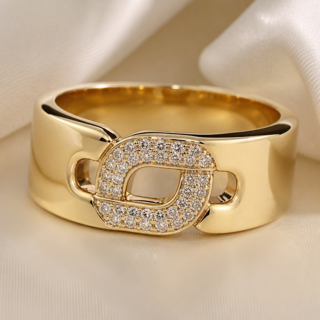 A photorealistic macro shot of a chunky 14k yellow gold ring, wide flat band, flawless mirror polish finish, completely pore-free surface. In the center of the band, a single chain-link shape is seamlessly integrated and flush-set with micro-pave diamonds (E-VS1 quality). Elegant, smart luxury, everyday wear, high-end commercial jewelry photography, soft studio lighting
photorealistic jewelry design, A photorealistic macro shot of a chunky 14k yellow gold ring, wide flat band, flawless mirror polish finish, completely pore-free surface. In the center of the band, a single chain-link shape is seamlessly integrated and flush-set with micro-pave diamonds (E-VS1 quality). Elegant, smart luxury, everyday wear, high-end commercial jewelry photography, soft studio lighting, modern style, just the design no text