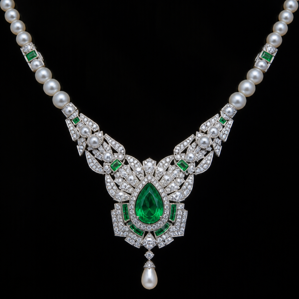 A art deco women's necklace made of white gold with pearl and emerald and diamond stones. A pearl necklace encrusted with emerald and diamonds and very luxurious royalty diamonds and emerald in the form of a teardrop
photorealistic jewelry design, A art deco women's necklace made of white gold with pearl and emerald and diamond stones. A pearl necklace encrusted with emerald and diamonds and very luxurious royalty diamonds and emerald in the form of a teardrop, art_deco style, just the design no text