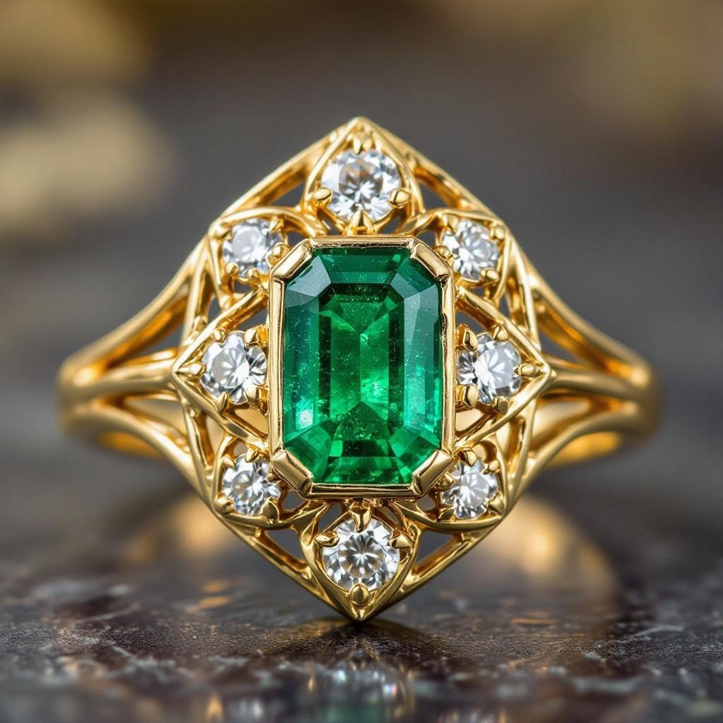 Anillo en oro con esmeralda trapiche con redonda y solo seis diamantes al rededor que forme un hexágono en el metal