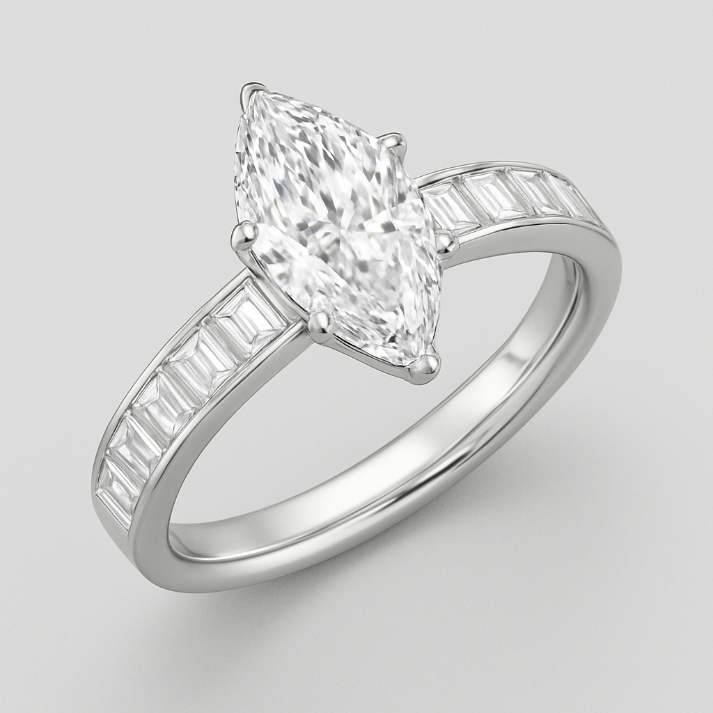 Herringbone baguette band with a 5ct marquise center diamond tilted at a 70 degree angle