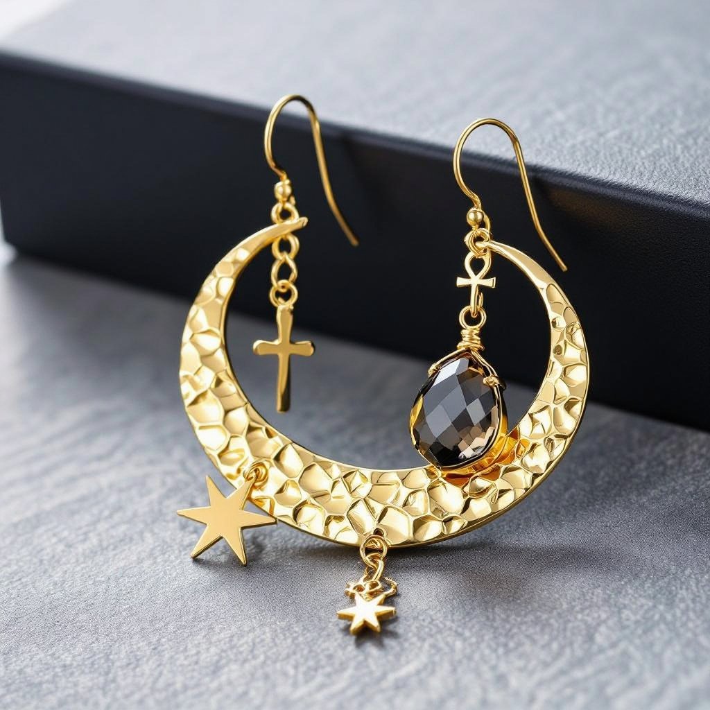 Золотые серьги словно мятое золото в форме узкого изящного полумесяца. Верхушка полумесяца крепится к застежке серьги. К нижней части полумесяца крепятся три подвески: миниатюрный золотой анкх, кристалл раухтопаза и маленькая золотая звездочка