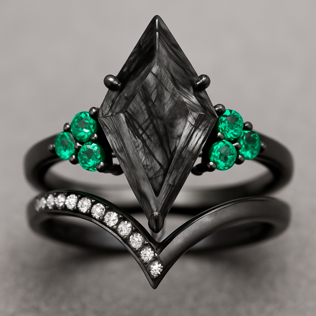 Black band, long kite cut rutilated black quartz upside down, emerald accent stones 3 on each side in a cluster, add a wedding band that curves around main stone with black and white stones