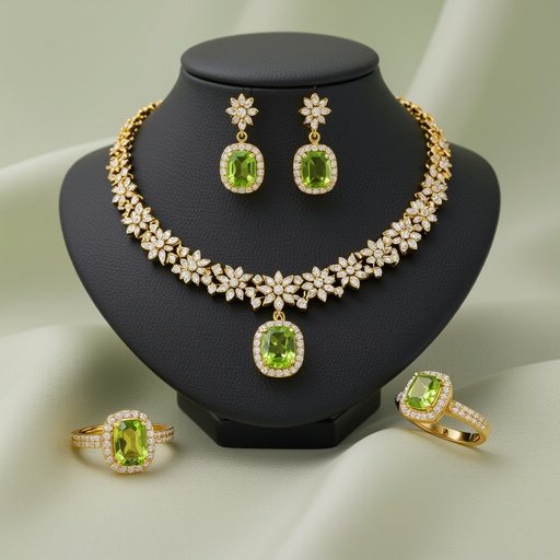 Necklace and earring and rings within peridot and diamond with gold