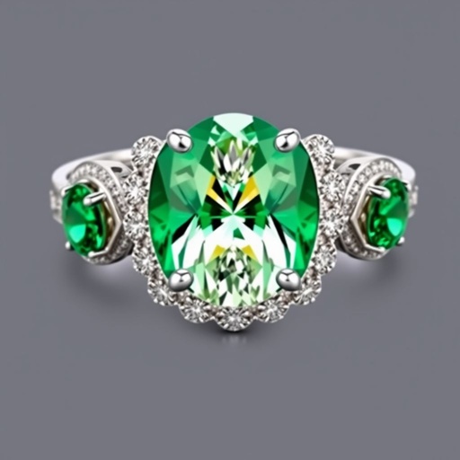 Three stone ring with 2 carat oval diamond flanked by oval emeralds