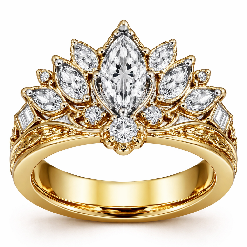 Ring AI Create a ring in 14k yellow gold, set in platinum. The center stone is a .60 size marquise diamond with a .25 round diamond set directly under the marquise. Add 6 more marquise shaped diamonds and 2 more round diamonds and 4 to 6 rectangle shaped baguettes in the shape of a crown with a 4mm thick gold yellow gold band