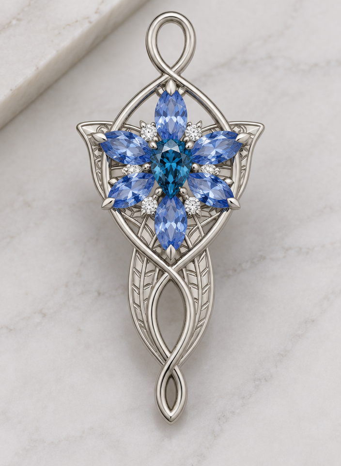 Sketch to design: all platinum pendent, center stone vivid fancy Blue diamond inverted pear; light cornflower blue sapphire Marquise Cut as the 6 surrounding stones,
with one small round white diamond between each of the Marquise Cut stones; the marquise cut and white diamonds are held with leaf shaped prongs
Turn this jewelry sketch into a photorealistic photograph of the finished piece, professionally lit on a clean display surface. Stay faithful to the sketch's design, proportions and details. No text, no annotations, just the finished jewelry photograph. Metal, stones and finish directions: all platinum pendent, center stone vivid fancy Blue diamond inverted pear; light cornflower blue sapphire Marquise Cut as the 6 surrounding stones,
with one small round white diamond between each of the Marquise Cut stones; the marquise cut and white diamonds are held with leaf shaped prongs.