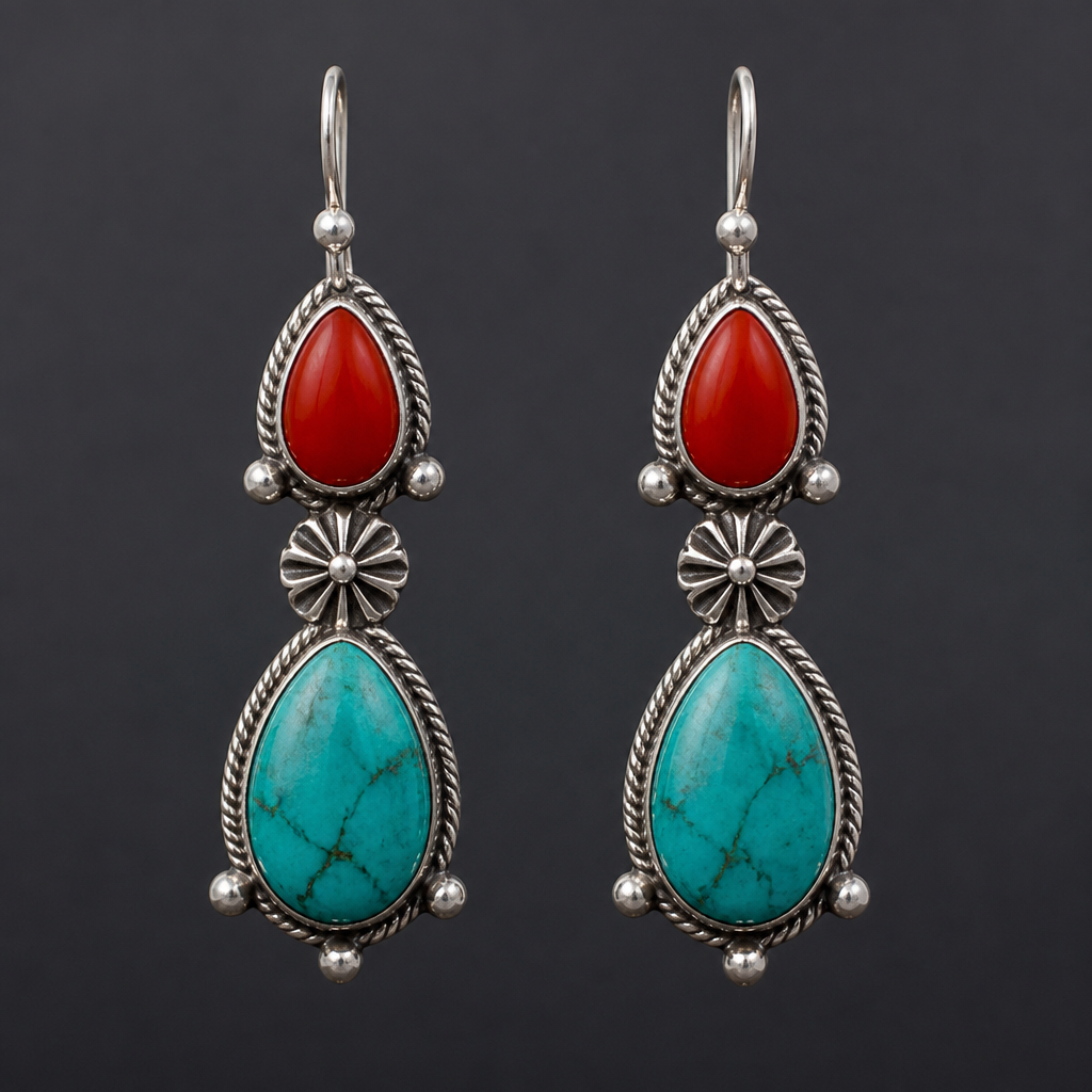 Carnelian and turquoise drop earrings
photorealistic jewelry design, Carnelian and turquoise drop earrings , native_american style, just the design no text