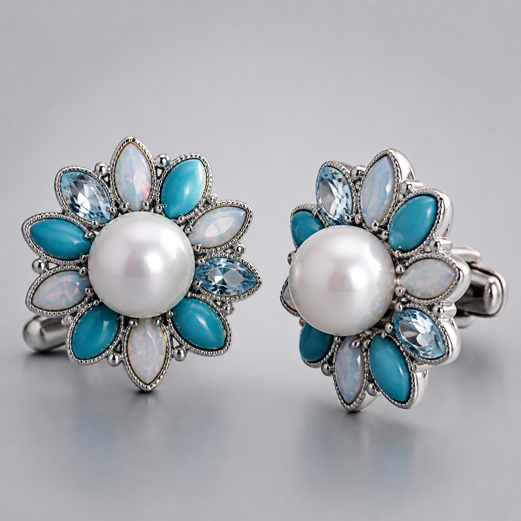 A luxury women's cufflinks made of white gold with pearl and turquoise and aquamarine and opal stones suitable for formal