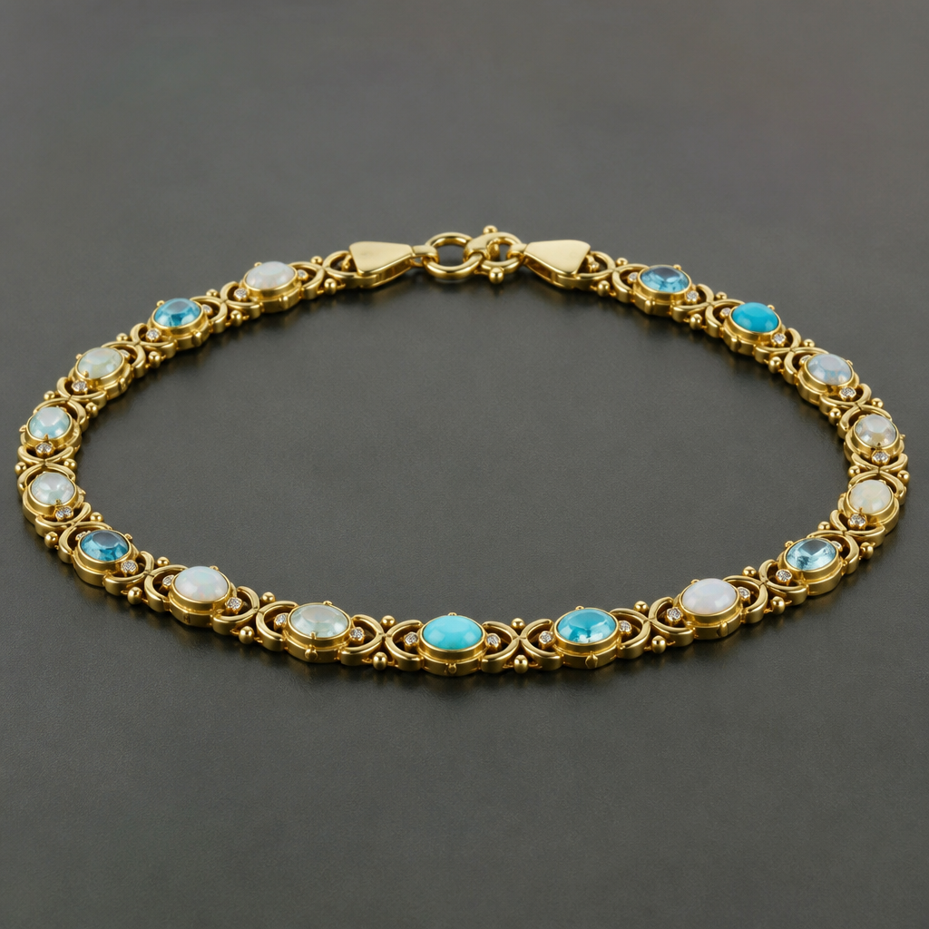 A estate men's anklet made of gold with diamond and aquamarine and opal and turquoise stones suitable for engagement
photorealistic jewelry design, A estate men's anklet made of gold with diamond and aquamarine and opal and turquoise stones suitable for engagement, estate style, just the design no text