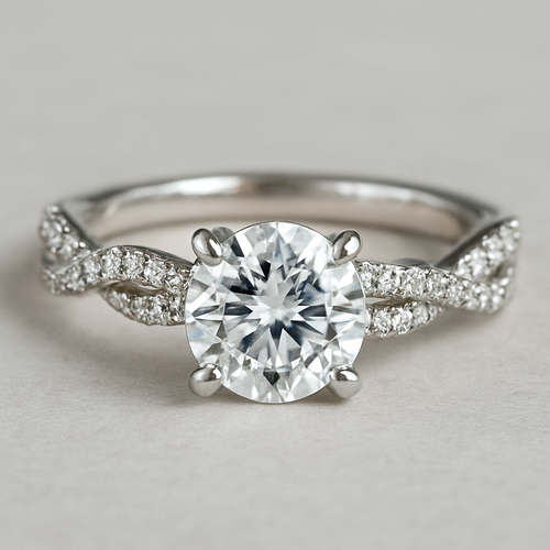 3 carat round solitaire with accent side diamonds and twisted pave band 