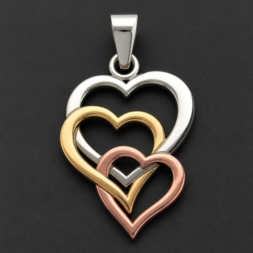 A men's pendant. tres corazónes
photorealistic jewelry design, A men's pendant. tres corazónes, modern style, just the design no text