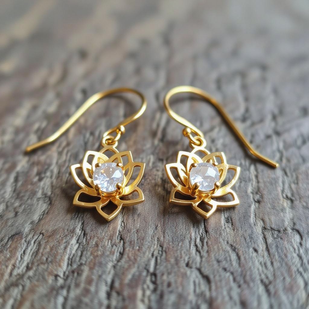 Серьги золото изящный маленький плоский лотос с необработанным хрусталем в центре