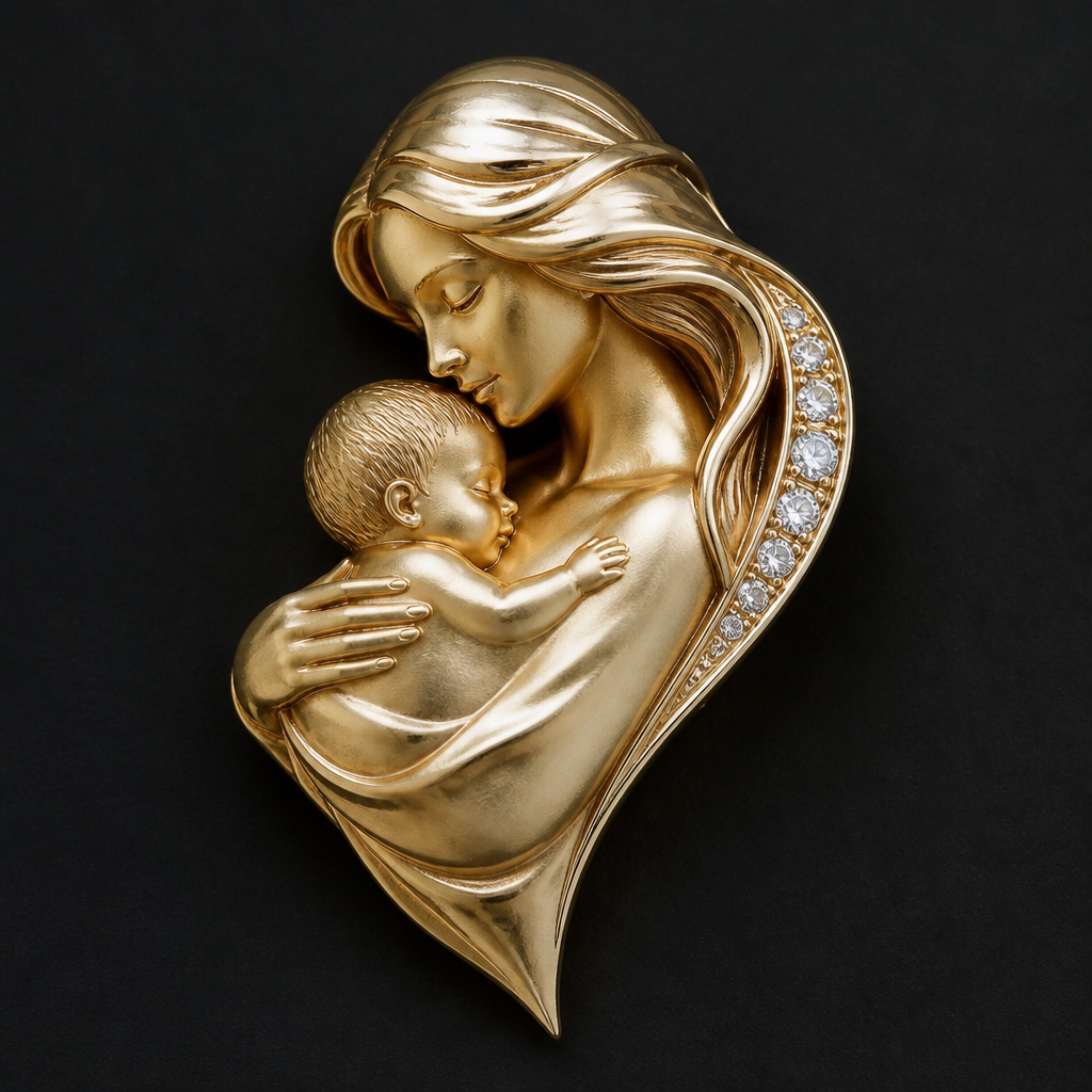 A mother with infant in her arm broach
photorealistic jewelry design, A mother with infant in her arm broach , just the design no text