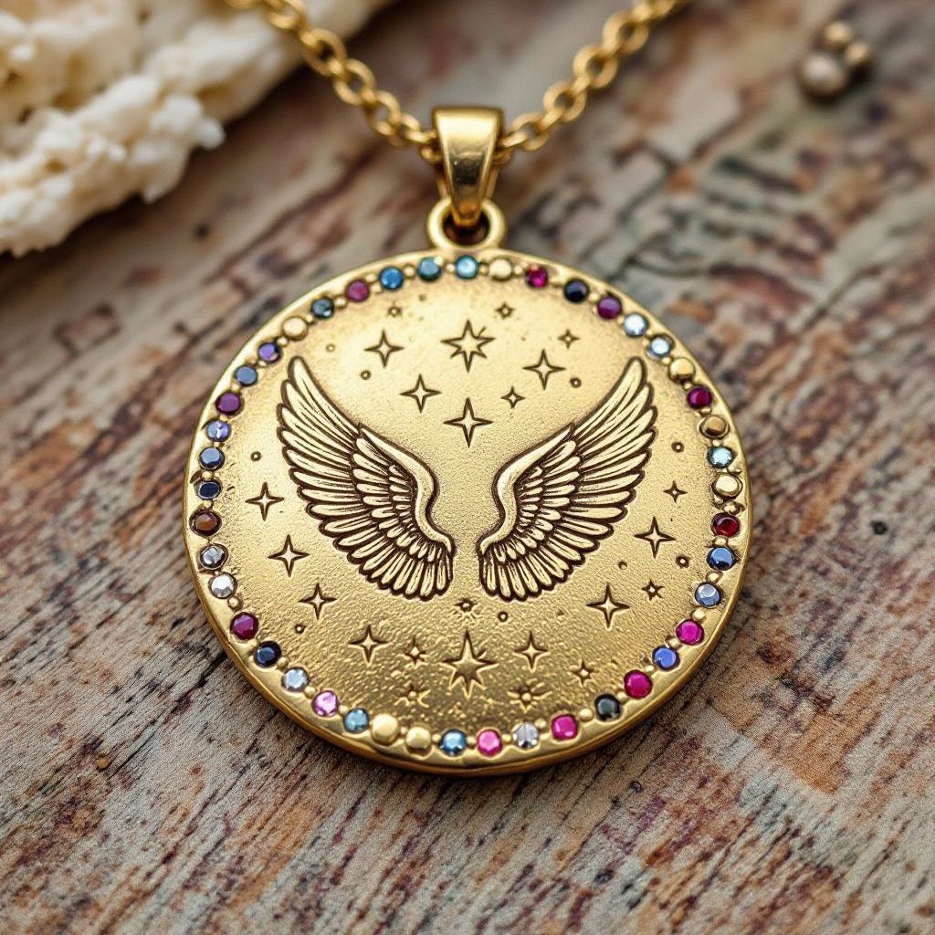 Золотой матовый медальон в форме неровного круга с неровными краями. По краям выпуклые точки сплошной линией. На круге выгравирован ангел без фигуры, видно только крылья и вокруг здездочки и разные узоры и украшен миниатюрными камнями