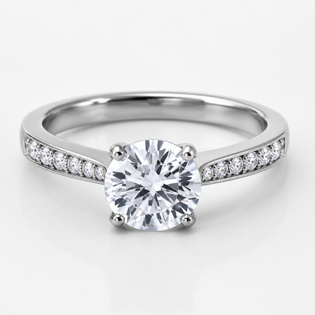 A women's ring. solitario con piedra central 5 ml y circones pequeños a los costados
photorealistic jewelry design, A women's ring. solitario con piedra central 5 ml y circones pequeños a los costados, modern style, just the design no text