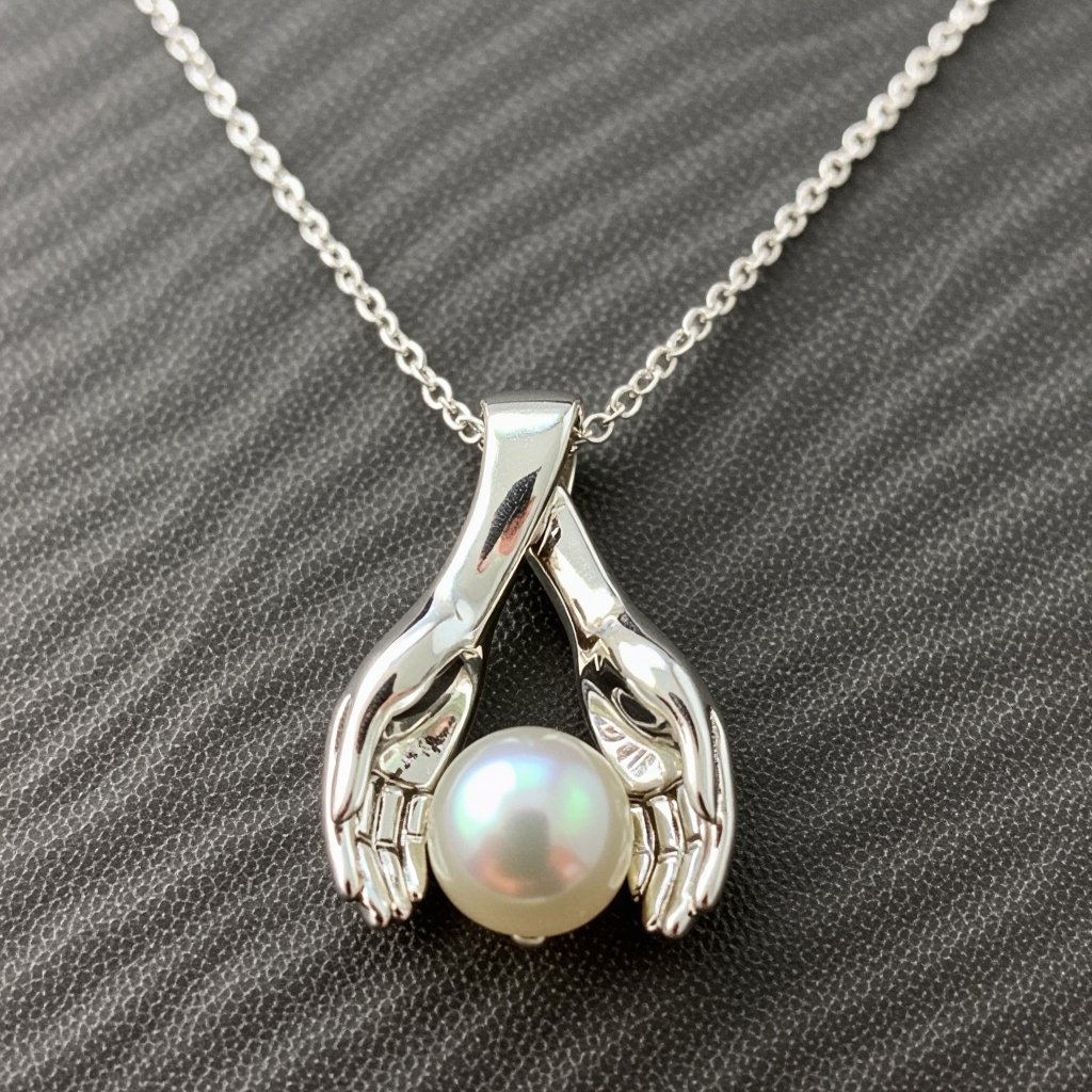 Украшение на шею серебряная цепочка с подвеской в виде двух ладоней которые держат жемчужину по центру