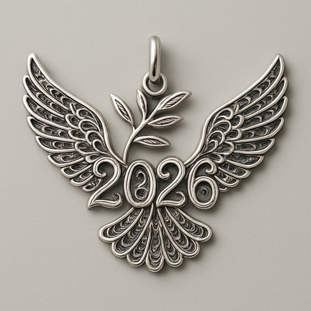 Silver cut-out charm blending together only the two spread out wings of a bird, an olive branch and  along year 2026