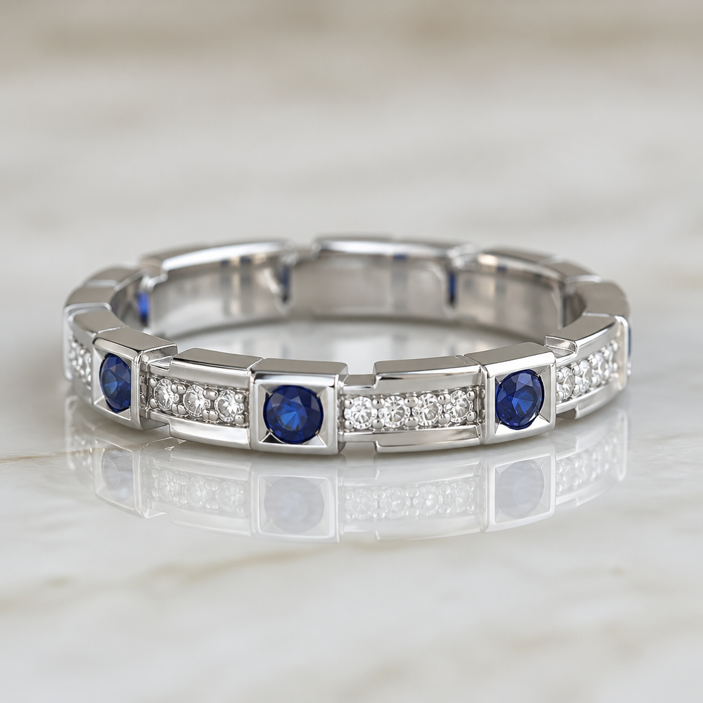 A geometric women's ring made of white gold with diamond and sapphire stones suitable for daily wear. several 23 small diamonds and 5 sapphires in one band
photorealistic jewelry design, A geometric women's ring made of white gold with diamond and sapphire stones suitable for daily wear. several 23 small diamonds and 5 sapphires in one band, geometric style, just the design no text
