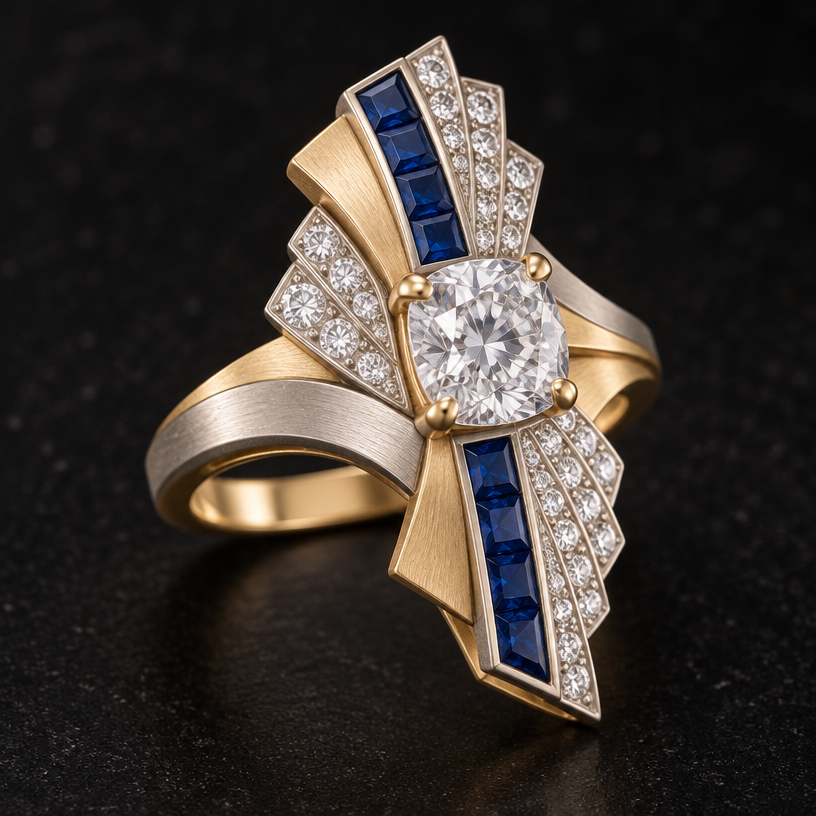 A art deco women's ring with diamond and sapphire stones. use the reference photo for gem size and shape only. do not cluster gems or take inspiration from metal shape. design ring using 33 of the small diamonds, 7 blue sapphires, and one large diamond. mixed metal should be white and yellow gold in matte finish.
using the attached image as a visual reference, create A art deco women's ring with diamond and sapphire stones. use the reference photo for gem size and shape only. do not cluster gems or take inspiration from metal shape. design ring using 33 of the small diamonds, 7 blue sapphires, and one large diamond. mixed metal should be white and yellow gold in matte finish.. photorealistic, just the design no text