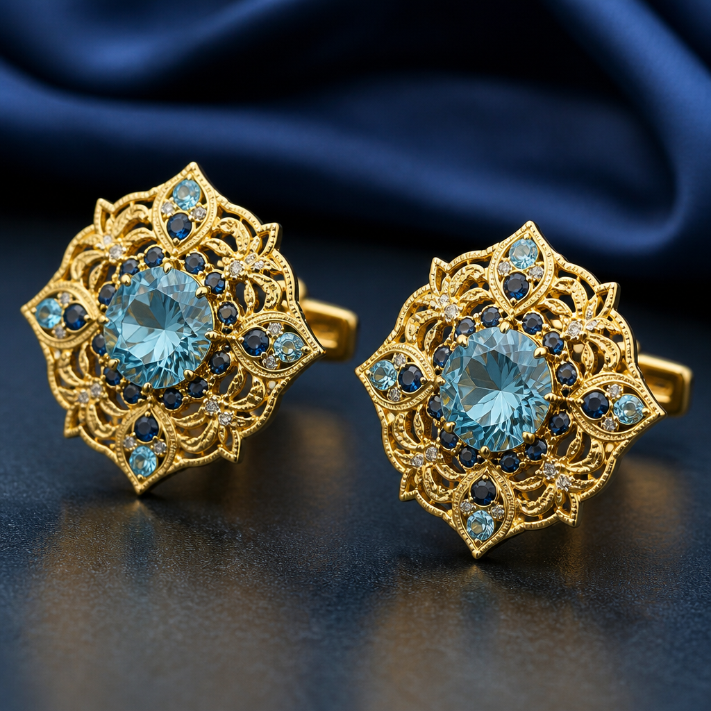 A islamic women's cufflinks made of gold with aquamarine and sapphire stones suitable for formal, highly ornate, intricate and elaborate, richly detailed
photorealistic jewelry design, A islamic women's cufflinks made of gold with aquamarine and sapphire stones suitable for formal, highly ornate, intricate and elaborate, richly detailed, islamic style, just the design no text