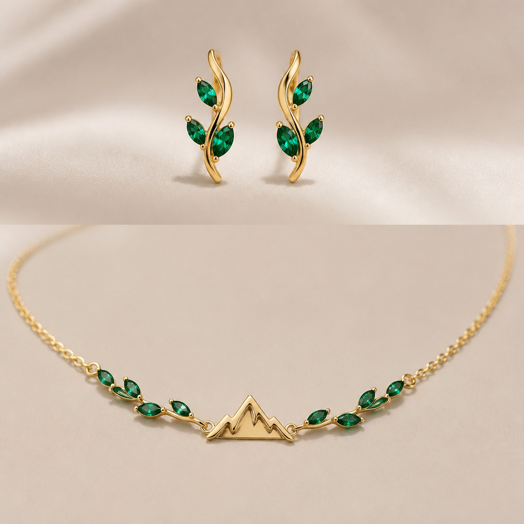 A minimalist women's earrings made of gold with emerald stones suitable for anniversary. un collar con gemas pequeñas tipo hojas y al final en frente una montaña
photorealistic jewelry design, A minimalist women's earrings made of gold with emerald stones suitable for anniversary. un collar con gemas pequeñas tipo hojas y al final en frente una montaña, minimalist style, just the design no text