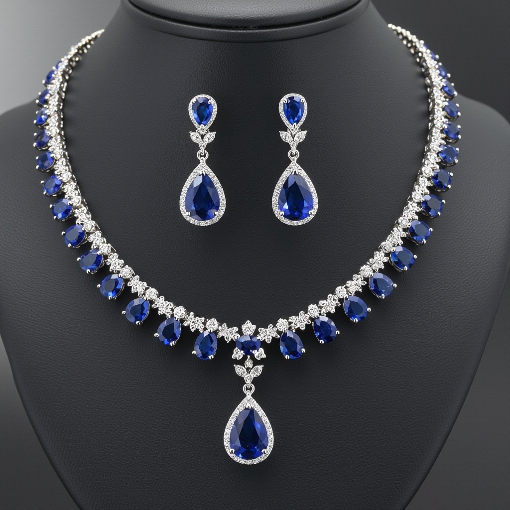 luxury necklace style and luxury earring set Platinum necks lace, sapphire , diamond accents, prong setting. Matching platinum earrings, sapphire pear drops, diamond accents, prong setting.