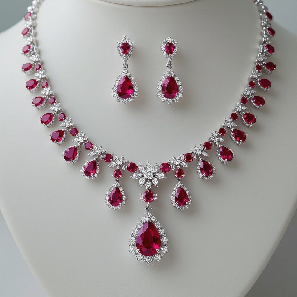 Ruby luxury necklace long pear drop style and  luxury earring set