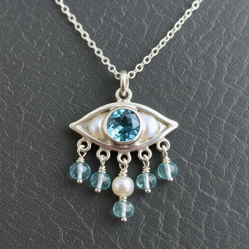 Тонкая цепочка с серебряными шариками и мелкими жемчужными камушками на цепочке есть кулон в форме глаза, зрачок глаза из аквамарина от глаза идет маленькая подвеска с маленькими камушками аквамарина 