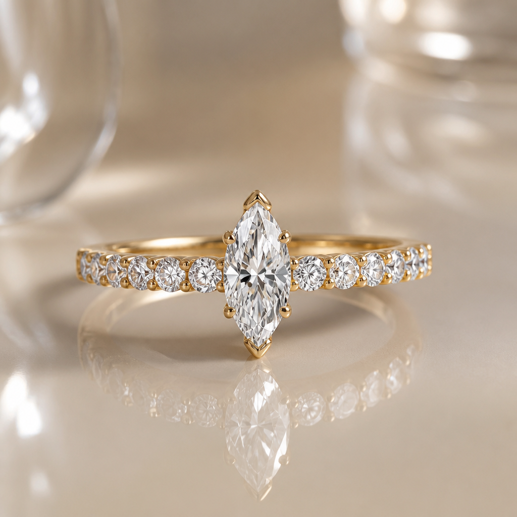 A luxury women's ring made of gold with diamond stones suitable for wedding. камень кольца вытянутой формы три карата по кругу кольца камни
photorealistic jewelry design, A luxury women's ring made of gold with diamond stones suitable for wedding. камень кольца вытянутой формы три карата по кругу кольца камни, luxury style, just the design no text