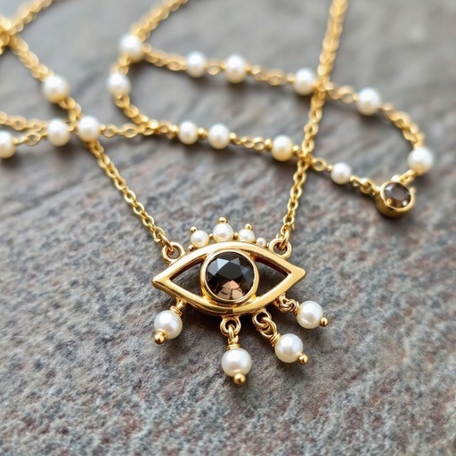 Тонкая цепочка с золотыми шариками и мелкими жемчужными камушками на цепочке есть кулон в форме глаза, зрачок глаза из раухтопаза от глаза идет маленькая подвеска с маленьким камушком 