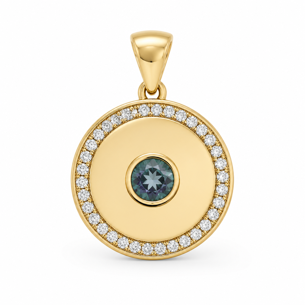 Make a 14k yellow gold 15 mm circle pendant with a circle of 1 mm round pave diamonds set around the border of the gold circle with a 3 mm bezel set brilliant round alexandrite set in the center of the pendant with a solid gold tapered bale.
photorealistic jewelry design, Make a 14k yellow gold 15 mm circle pendant with a circle of 1 mm round pave diamonds set around the border of the gold circle with a 3 mm bezel set brilliant round alexandrite set in the center of the pendant with a solid gold tapered bale. , just the design no text