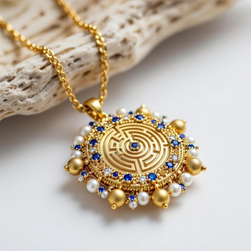 Кулон на длинной цепочке. Матовое светлое золото. В цепочке небольшие золотые шарики и синие камушки и жемчуга. Кулон в форме неровного мятого круга. На круге изображен лабиринт и украшен узорами и мелкими камушками 