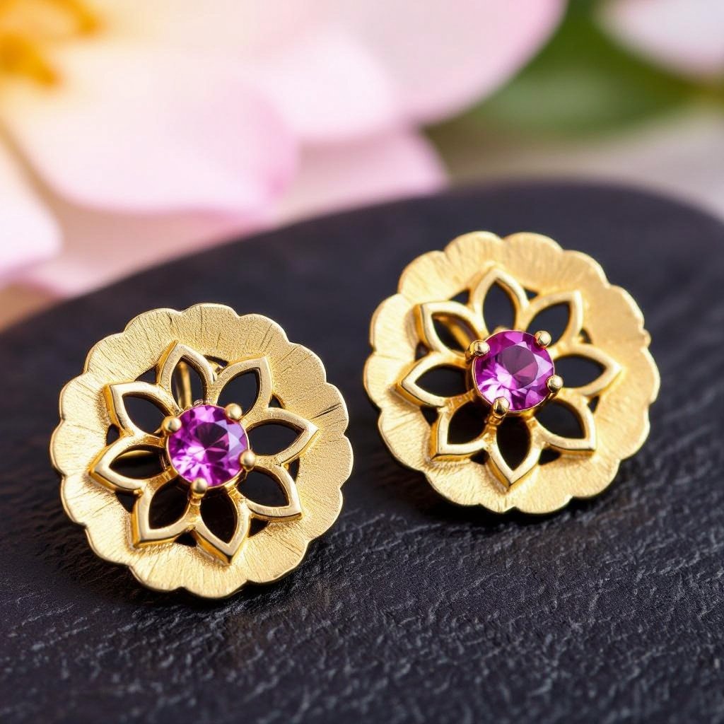 Gold-colored matte ring earrings. Diameter 1 cm. A flat lotus pendant with 6 petals. Pink quartz in the center of the lotus