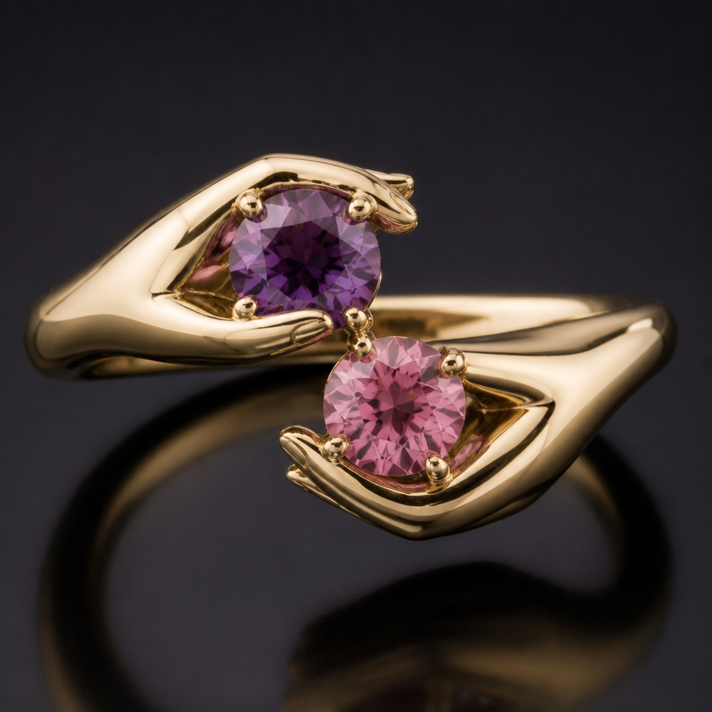 A women's ring. anillo de oro con un diamante violeta y un rosa con bortes asiendo ver q dos maños las sostienen
photorealistic jewelry design, A women's ring. anillo de oro con un diamante violeta y un rosa con bortes asiendo ver q dos maños las sostienen, modern style, just the design no text