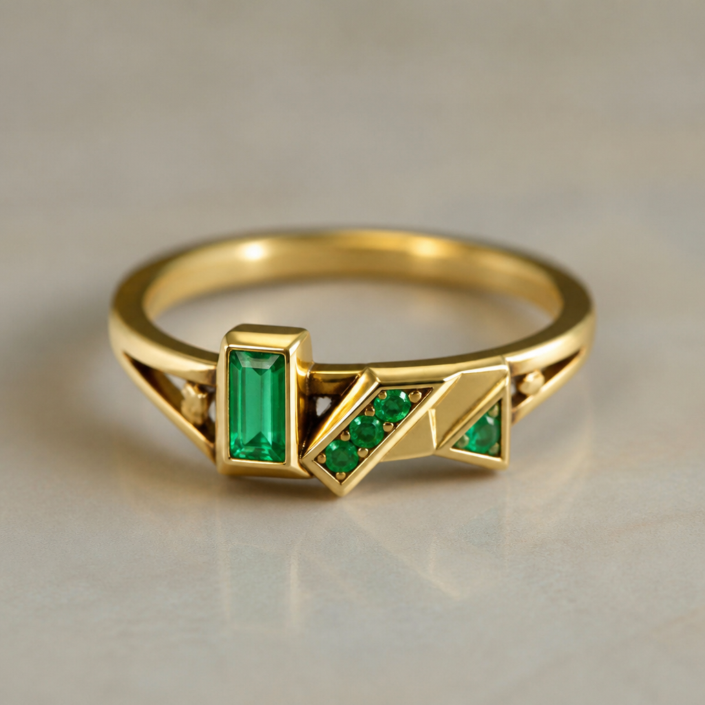 A geometric women's ring made of gold with emerald stones suitable for daily wear
photorealistic jewelry design, A geometric women's ring made of gold with emerald stones suitable for daily wear, geometric style, just the design no text